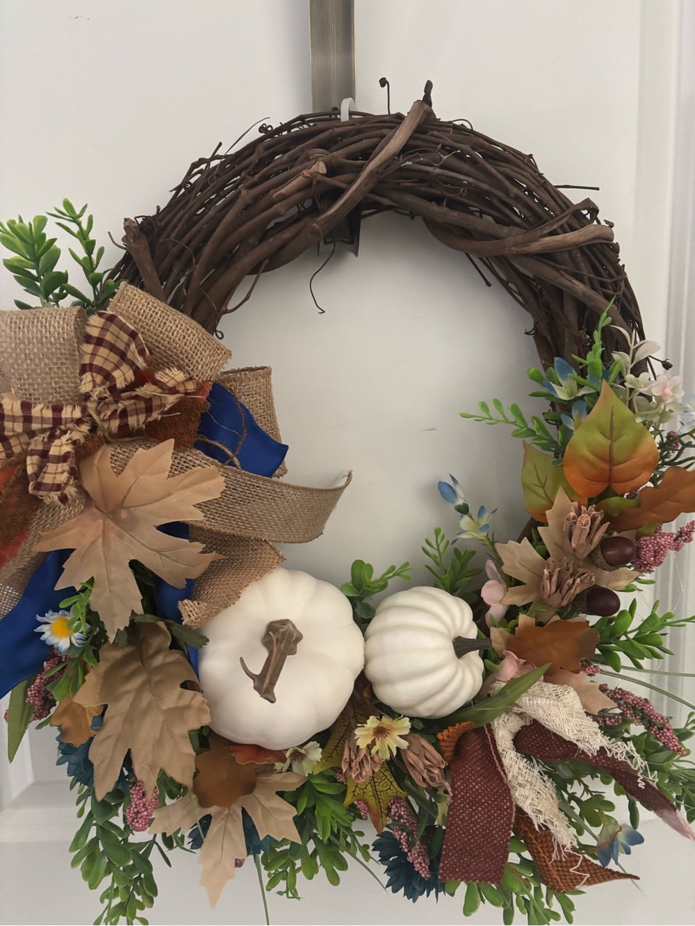 Primitive Farmhouse Fall White Pumpkin Wreath Stunning Bow Custom Final Sale